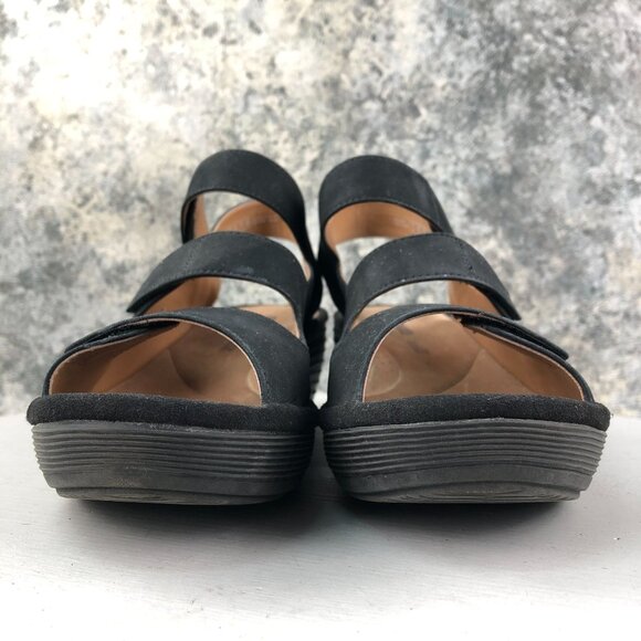 Clarks Women's Size 9.5M Reely Juno Black Leather 3 Strap Wedge Heel Sandals - Picture 2 of 16